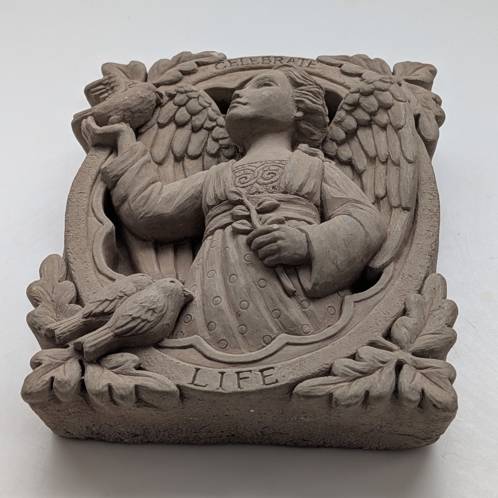 Vintage 2002 Carruth CELEBRATE LIFE Angel & Birds Small Cast Stone Wall Plaque - Picture 2 of 7